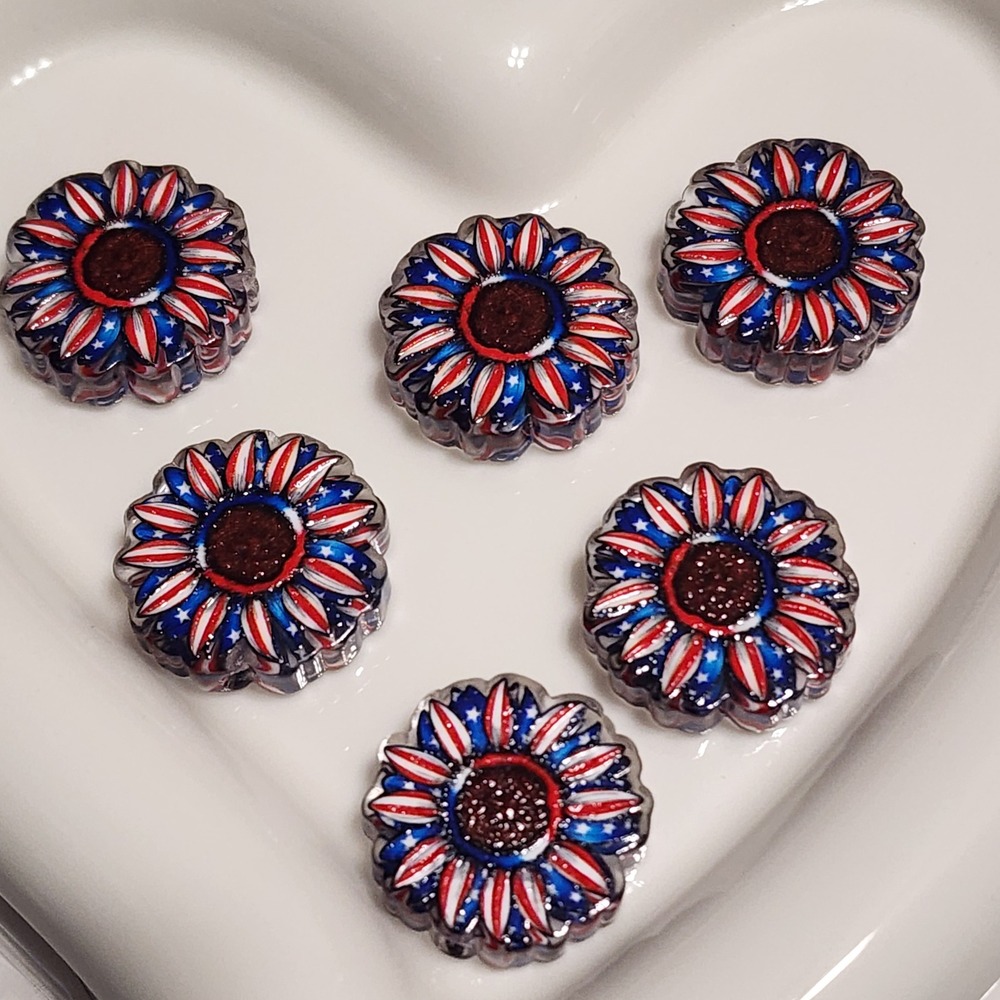 Flower Red Blue Beads 2 Pcs Focal Beads Beaded Pen Jewelry Keychain Patriotic